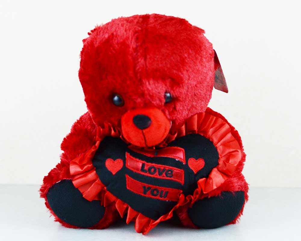 Fluffy Red and Black Teddy Bear with Love You Heart